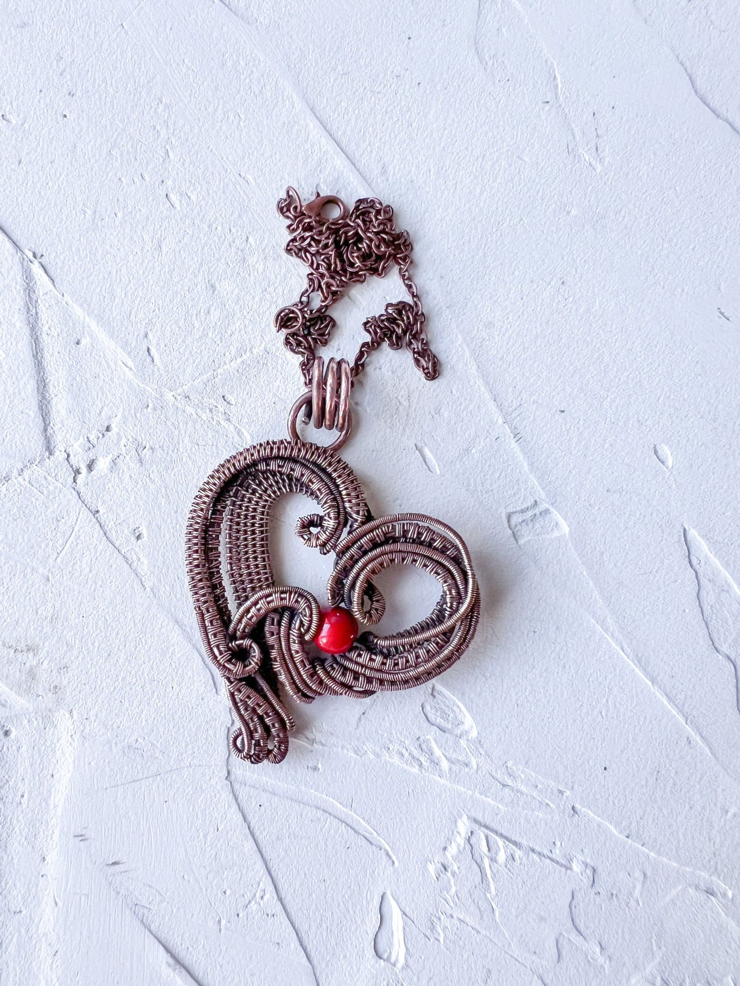 Copper Wire Woven Heart Pendant with Red Jade Bead - Copper Jewels