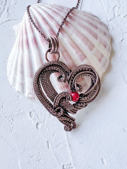 Copper Wire Woven Heart Pendant with Red Jade Bead - Copper Jewels