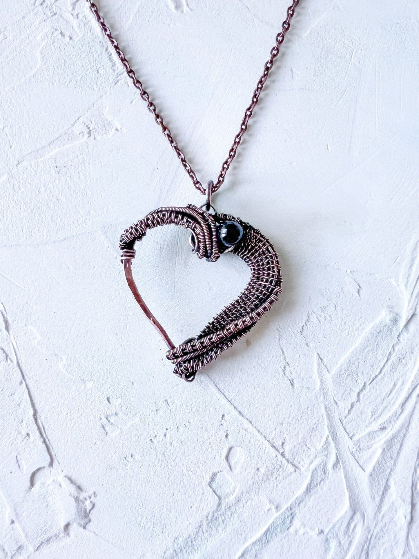 Copper Wire Woven Heart with Black Tourmaline Pendant Hand Made - Copper Jewels