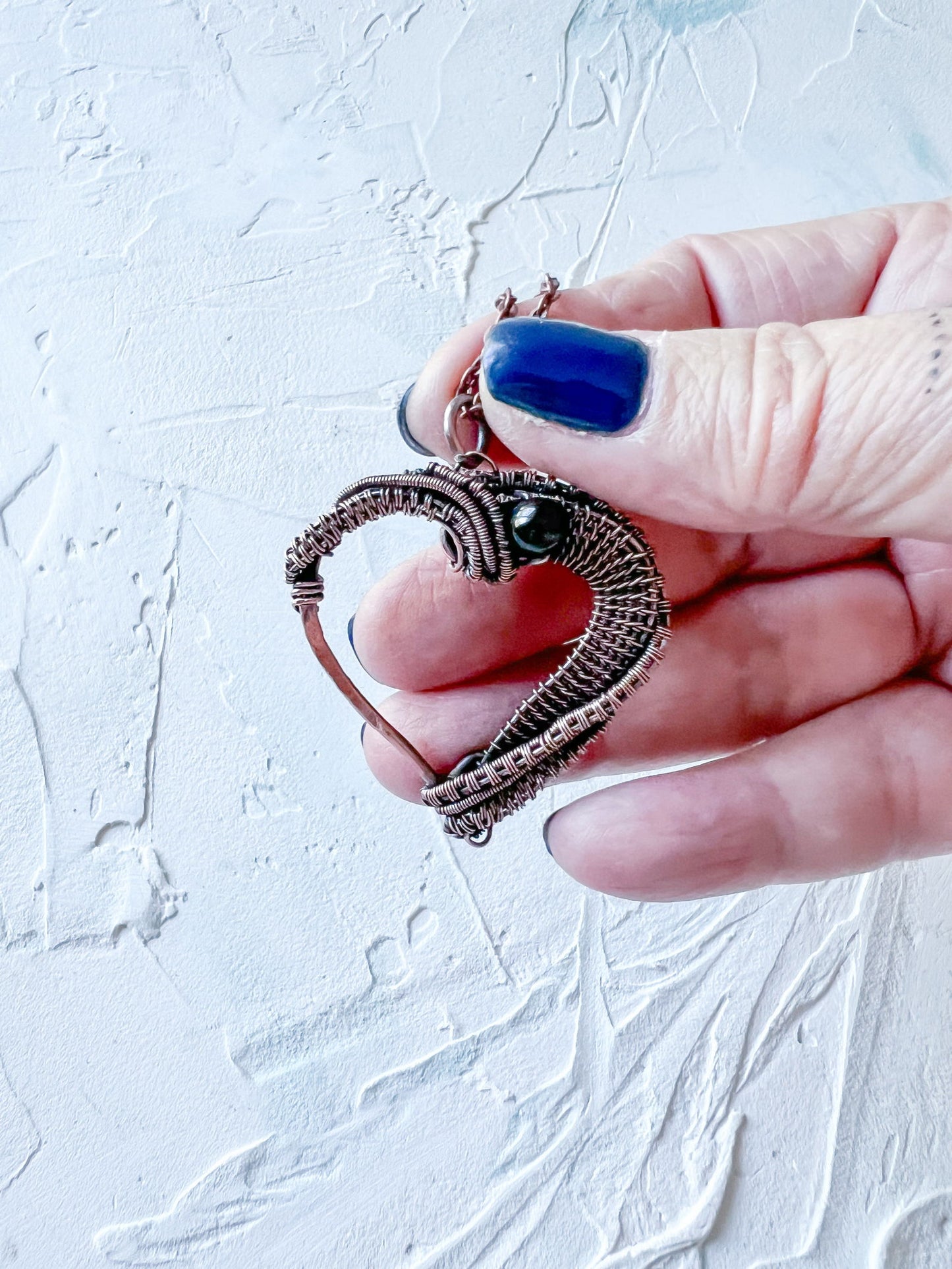 Copper Wire Woven Heart with Black Tourmaline Pendant Hand Made - Copper Jewels