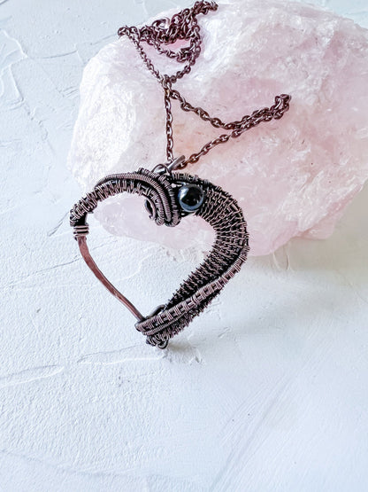 Copper Wire Woven Heart with Black Tourmaline Pendant Hand Made - Copper Jewels