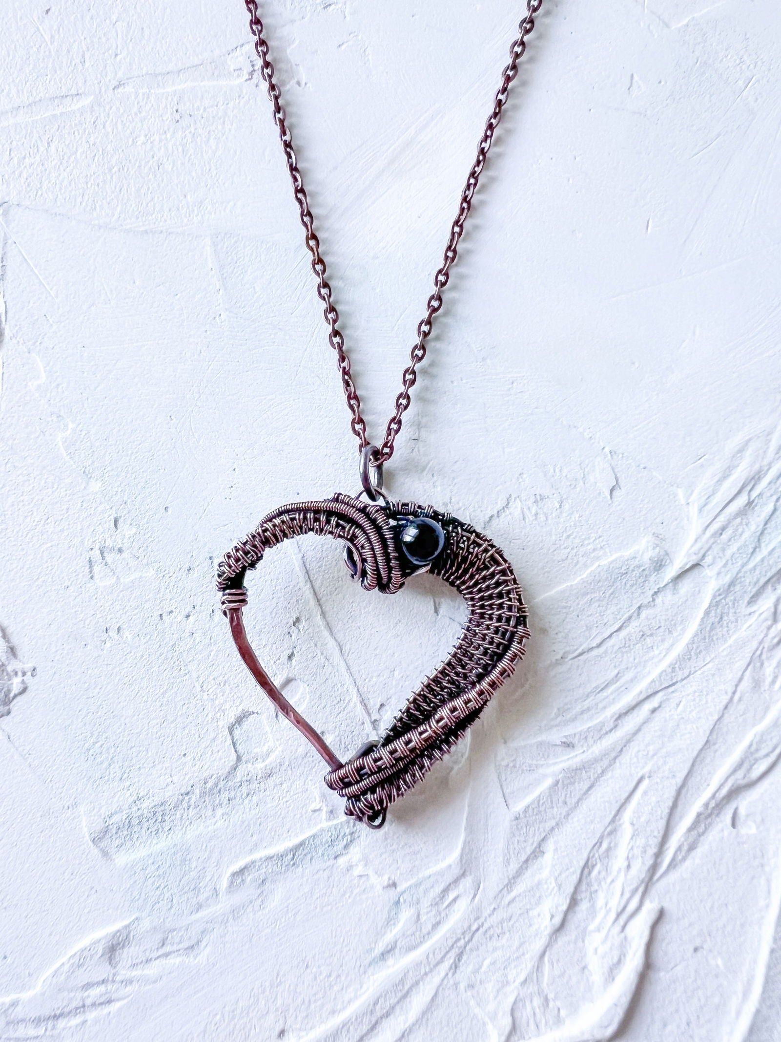 Copper Wire Woven Heart with Black Tourmaline Pendant Hand Made - Copper Jewels