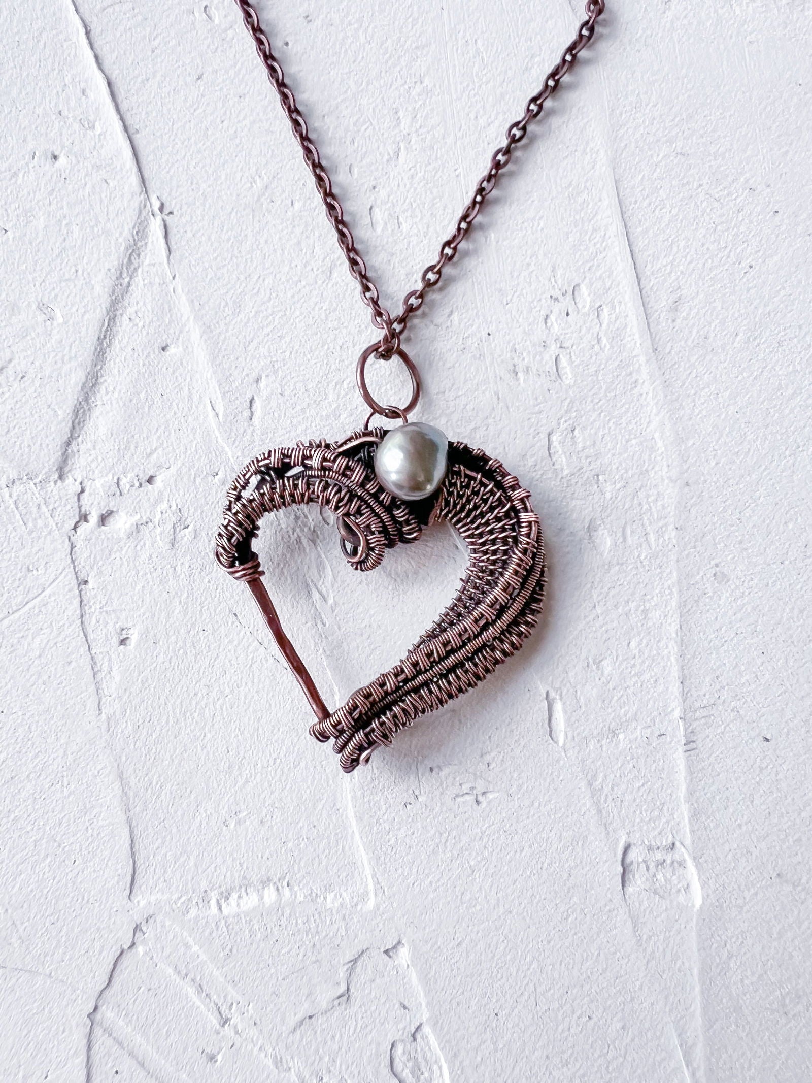 Copper Wire Woven Heart with Pearl Pendant Hand Made - Copper Jewels