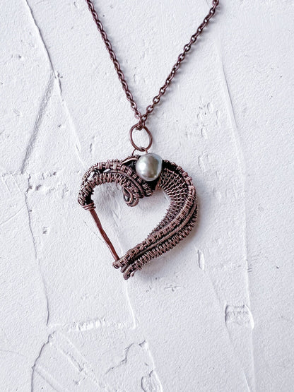 Copper Wire Woven Heart with Pearl Pendant Hand Made - Copper Jewels