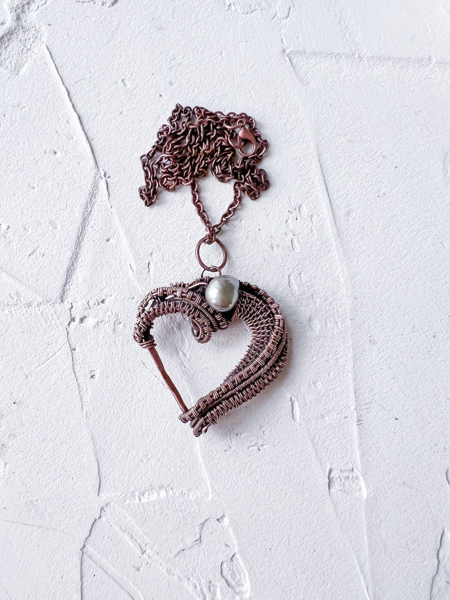 Copper Wire Woven Heart with Pearl Pendant Hand Made - Copper Jewels