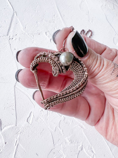 Copper Wire Woven Heart with Pearl Pendant Hand Made - Copper Jewels