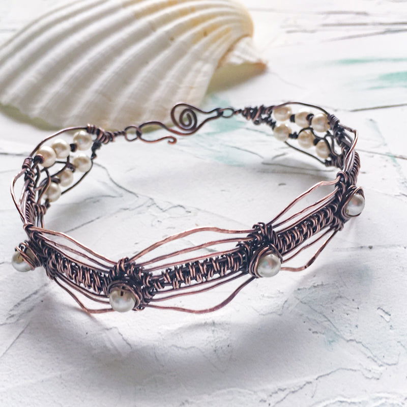 Copper Wire Woven Pearl Bracelet One Of a Kind - Copper Jewels