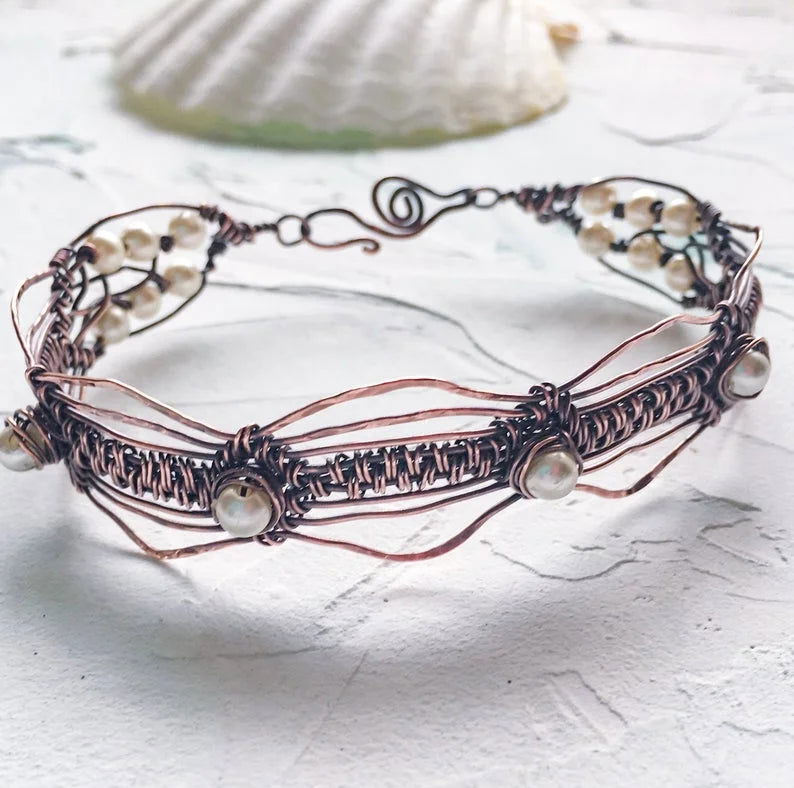 Copper Wire Woven Pearl Bracelet One Of a Kind - Copper Jewels