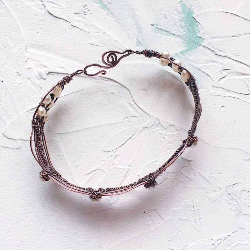 Copper Wire Woven Pearl Bracelet One Of a Kind - Copper Jewels