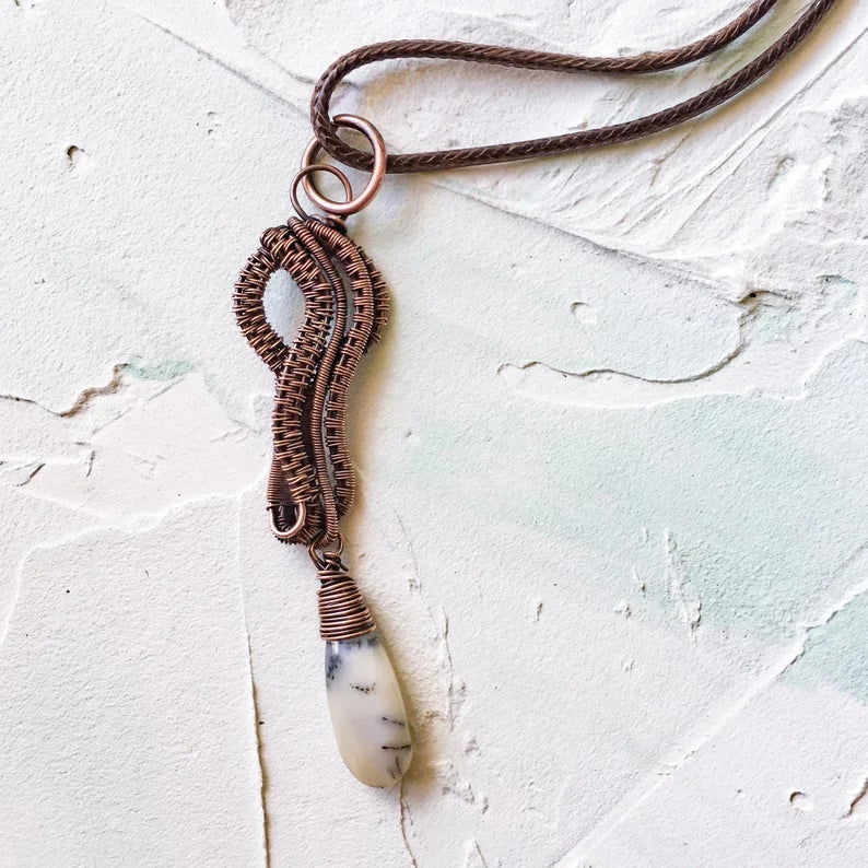 Copper Wire Woven Pendant Hand Made with a Merlinite faceted bead - Copper Jewels