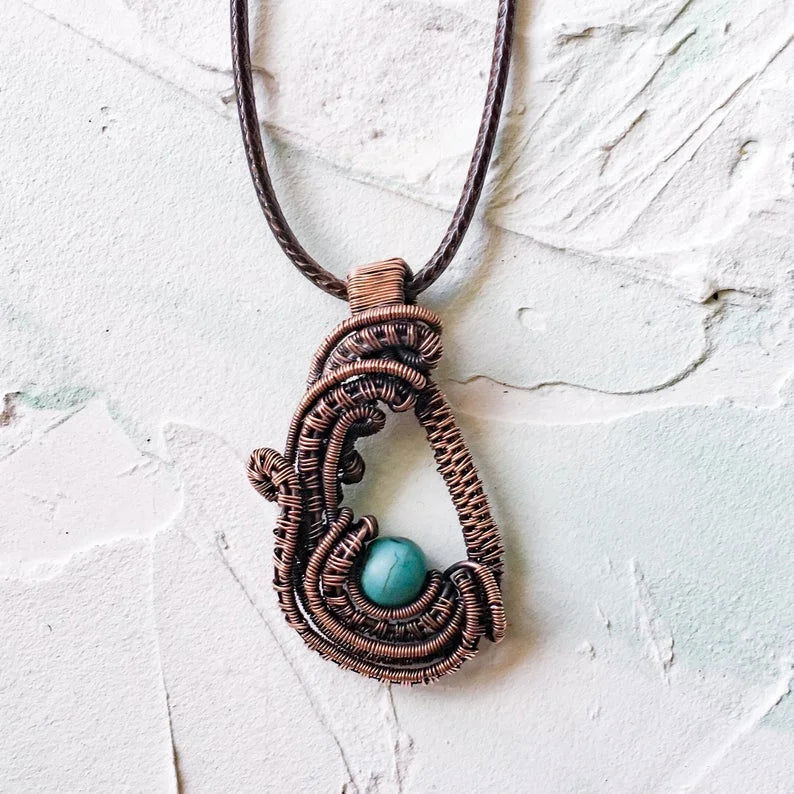Copper Wire Woven Pendant Hand Made with a howlite turquoise bead - Copper Jewels