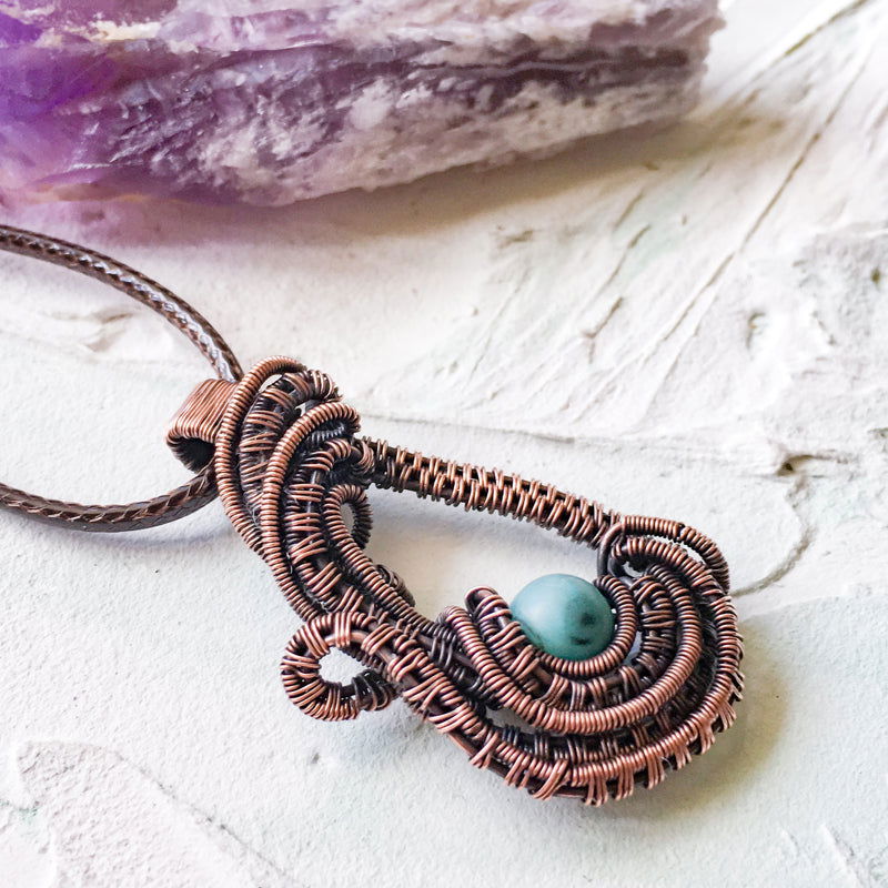 Copper Wire Woven Pendant Hand Made with a howlite turquoise bead - Copper Jewels