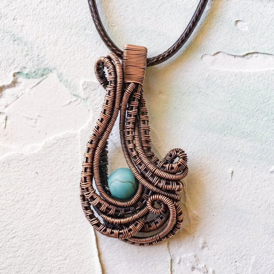 Copper Wire Woven Pendant Hand Made with a turquoise bead - Copper Jewels