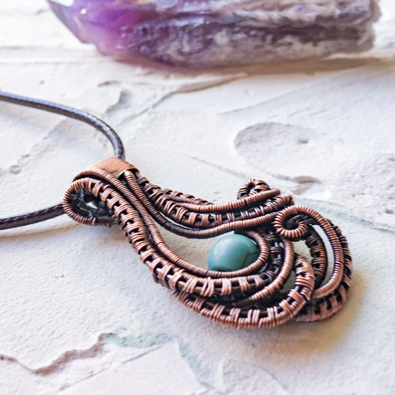 Copper Wire Woven Pendant Hand Made with a turquoise bead - Copper Jewels