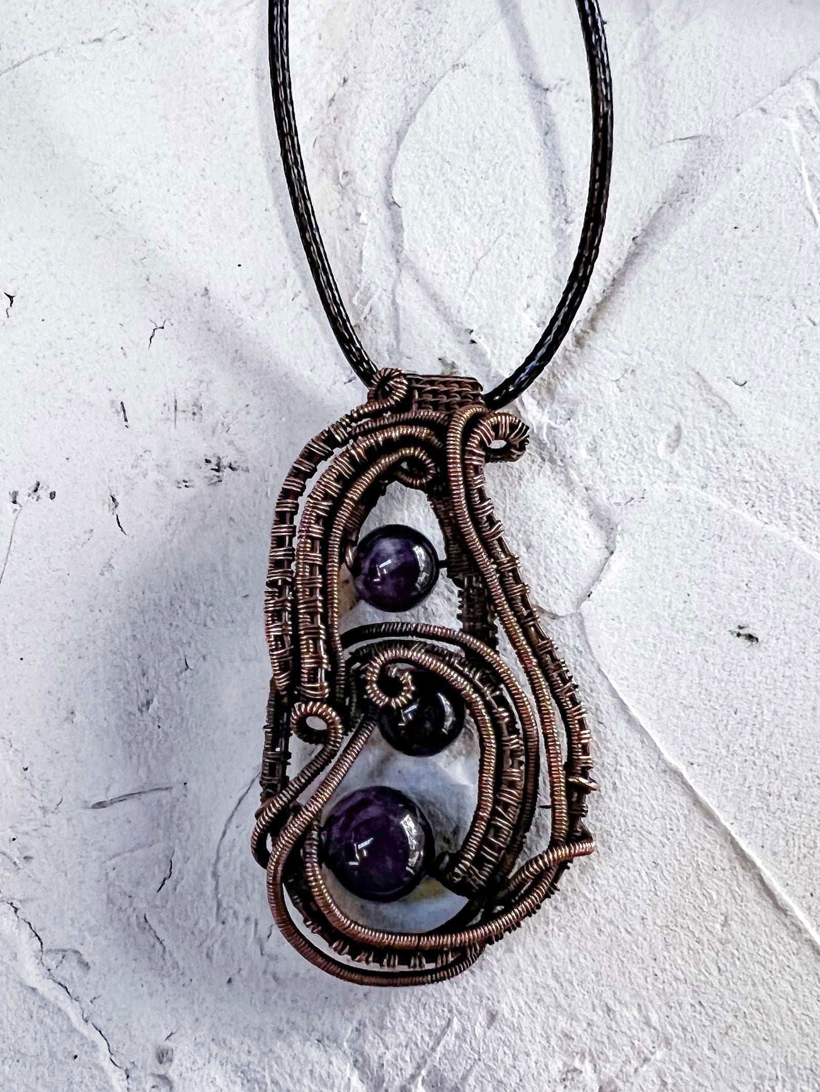 Copper Wire Woven Pendant with Amethyst Beads - Copper Jewels
