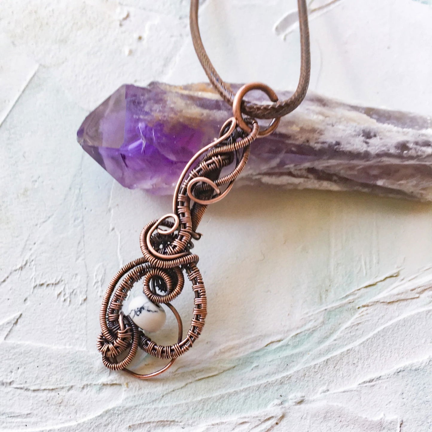 Copper Wire Woven Pendant with Howlite Rondelle Bead - Copper Jewels