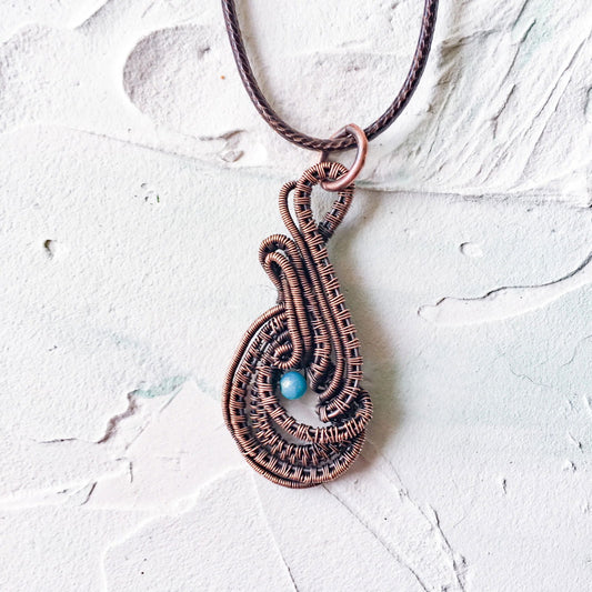 Copper Wire Woven Pendant with Jade Accent Bead - Copper Jewels