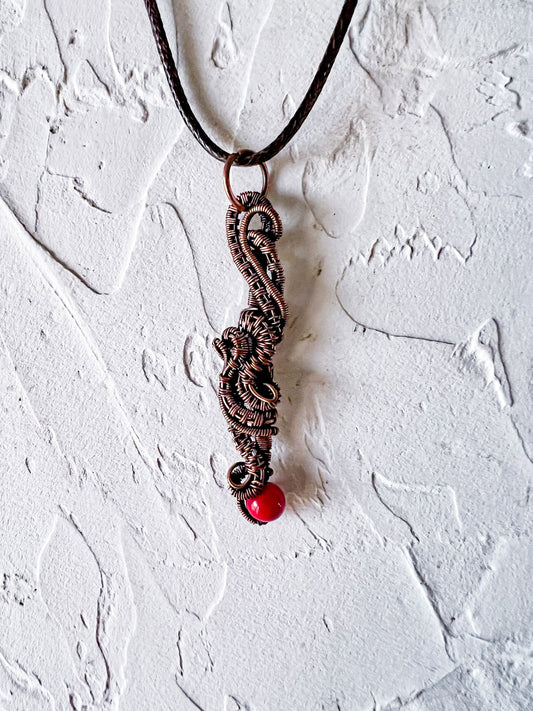 Copper Wire Woven Pendant with Jade Bead - Copper Jewels