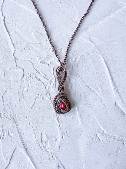 Copper Wire Woven Pendant with Red Jade Bead - Copper Jewels