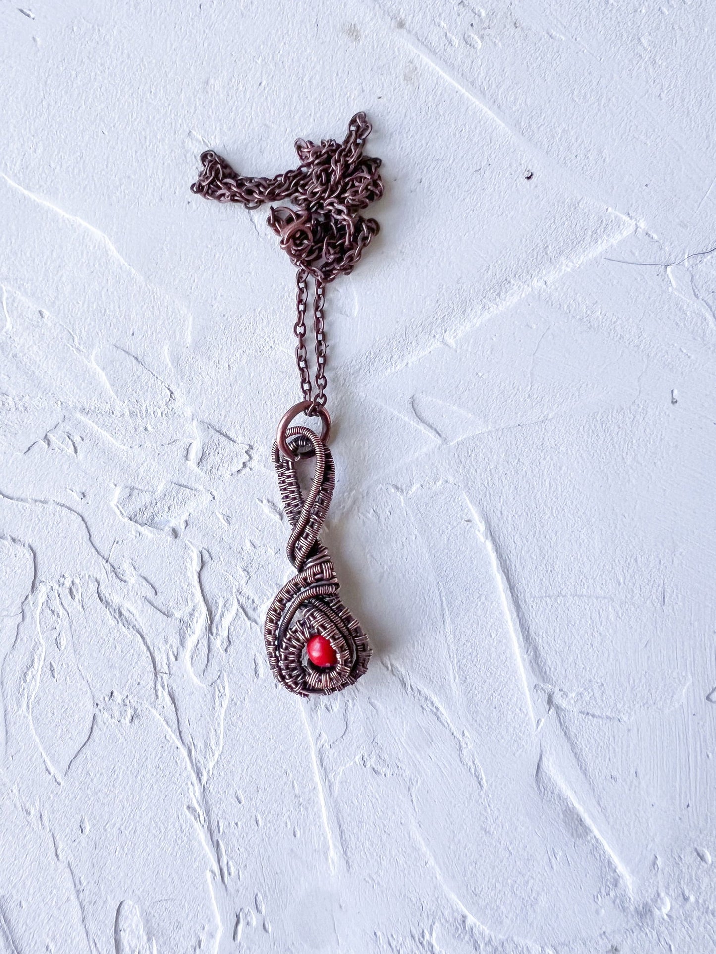 Copper Wire Woven Pendant with Red Jade Bead - Copper Jewels