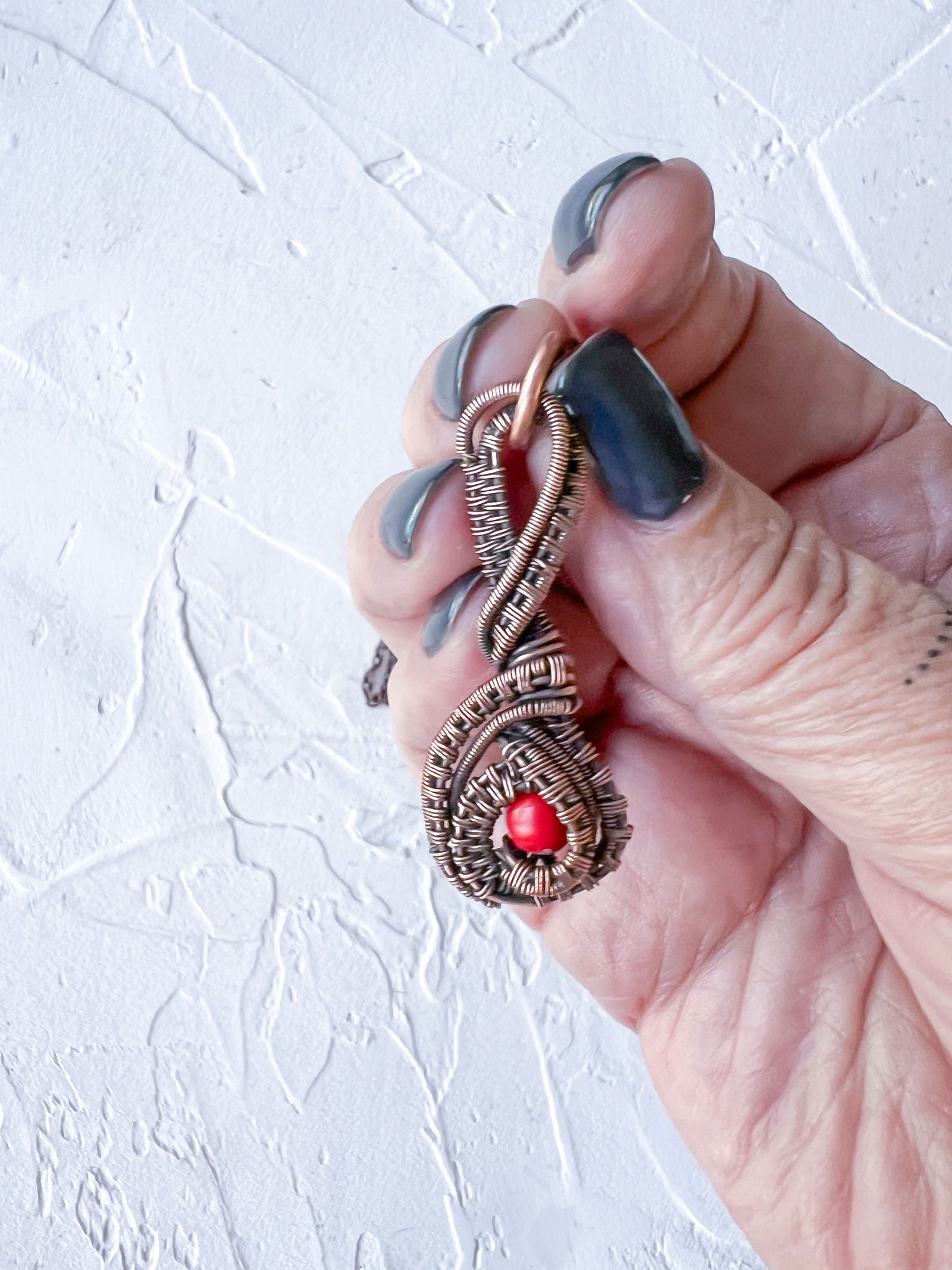 Copper Wire Woven Pendant with Red Jade Bead - Copper Jewels