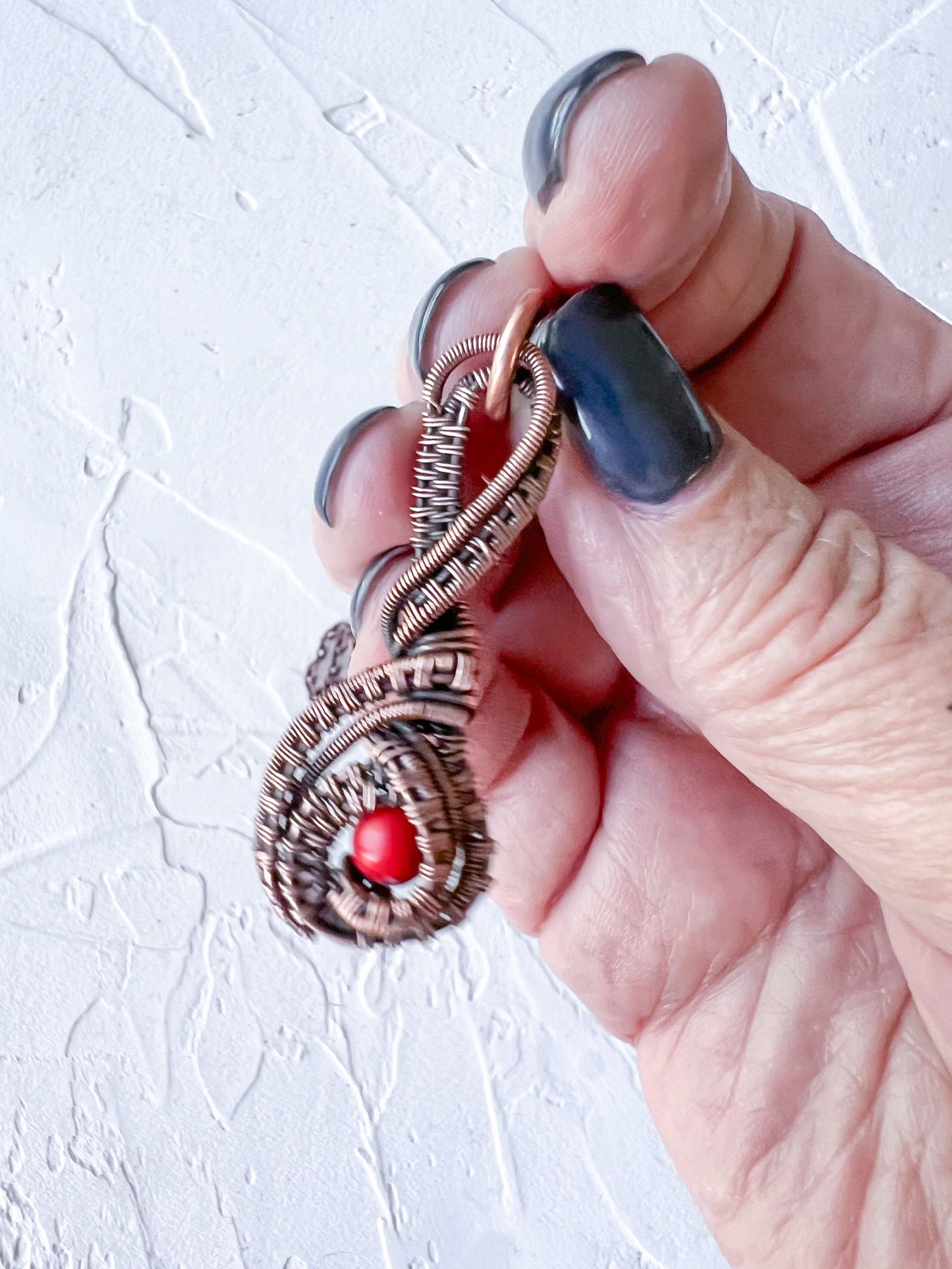 Copper Wire Woven Pendant with Red Jade Bead - Copper Jewels