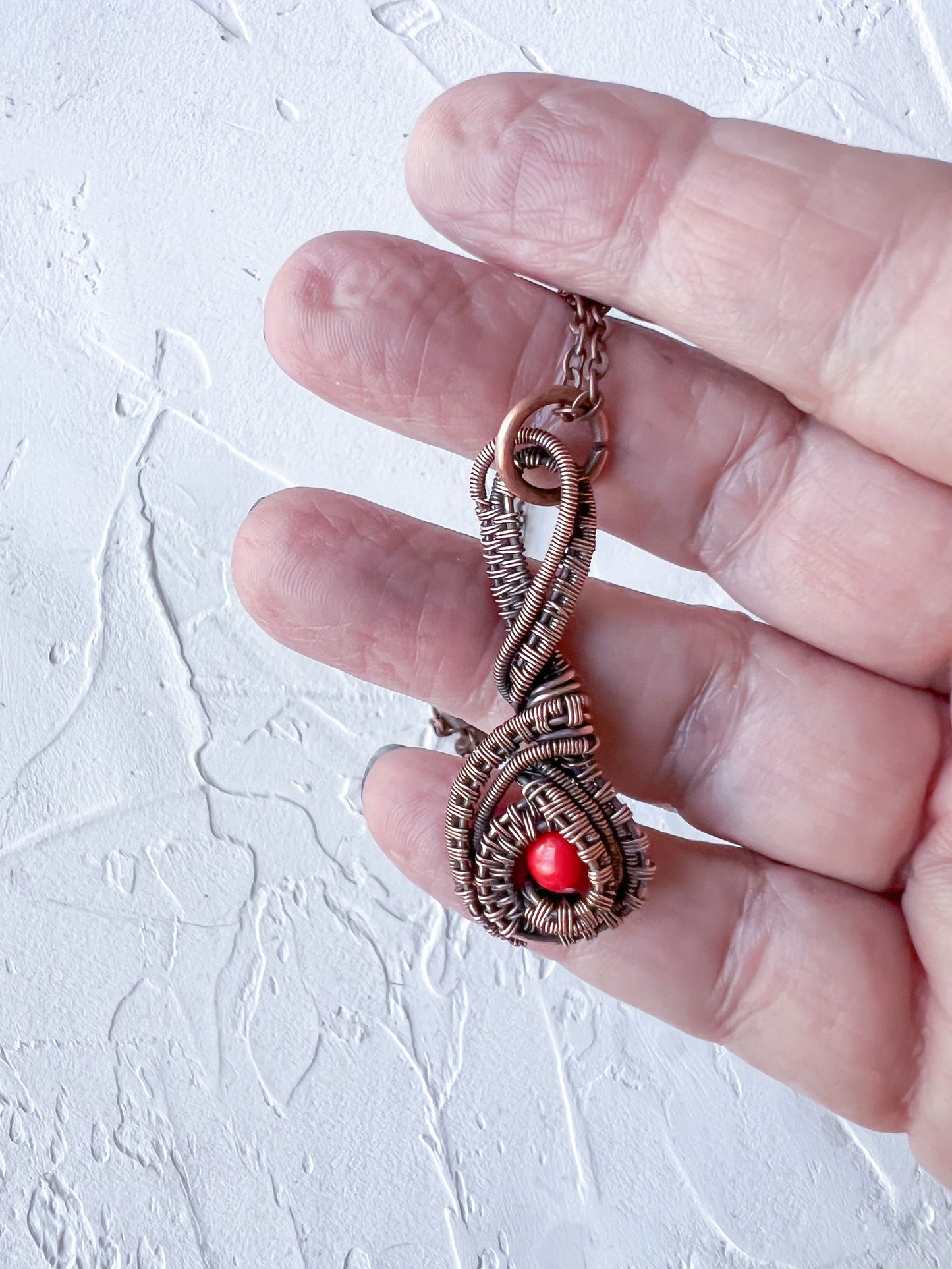 Copper Wire Woven Pendant with Red Jade Bead - Copper Jewels