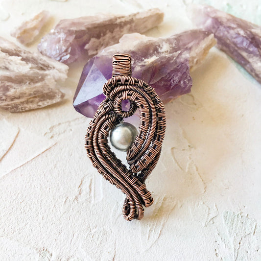 Copper Wire Woven Pendant with accent Pearl - Copper Jewels