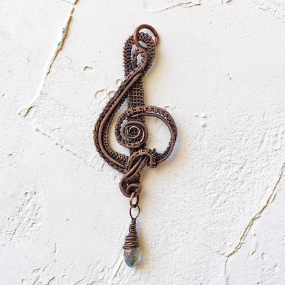 Copper Wire Woven Treble Clef with Crystal Bead - Copper Jewels