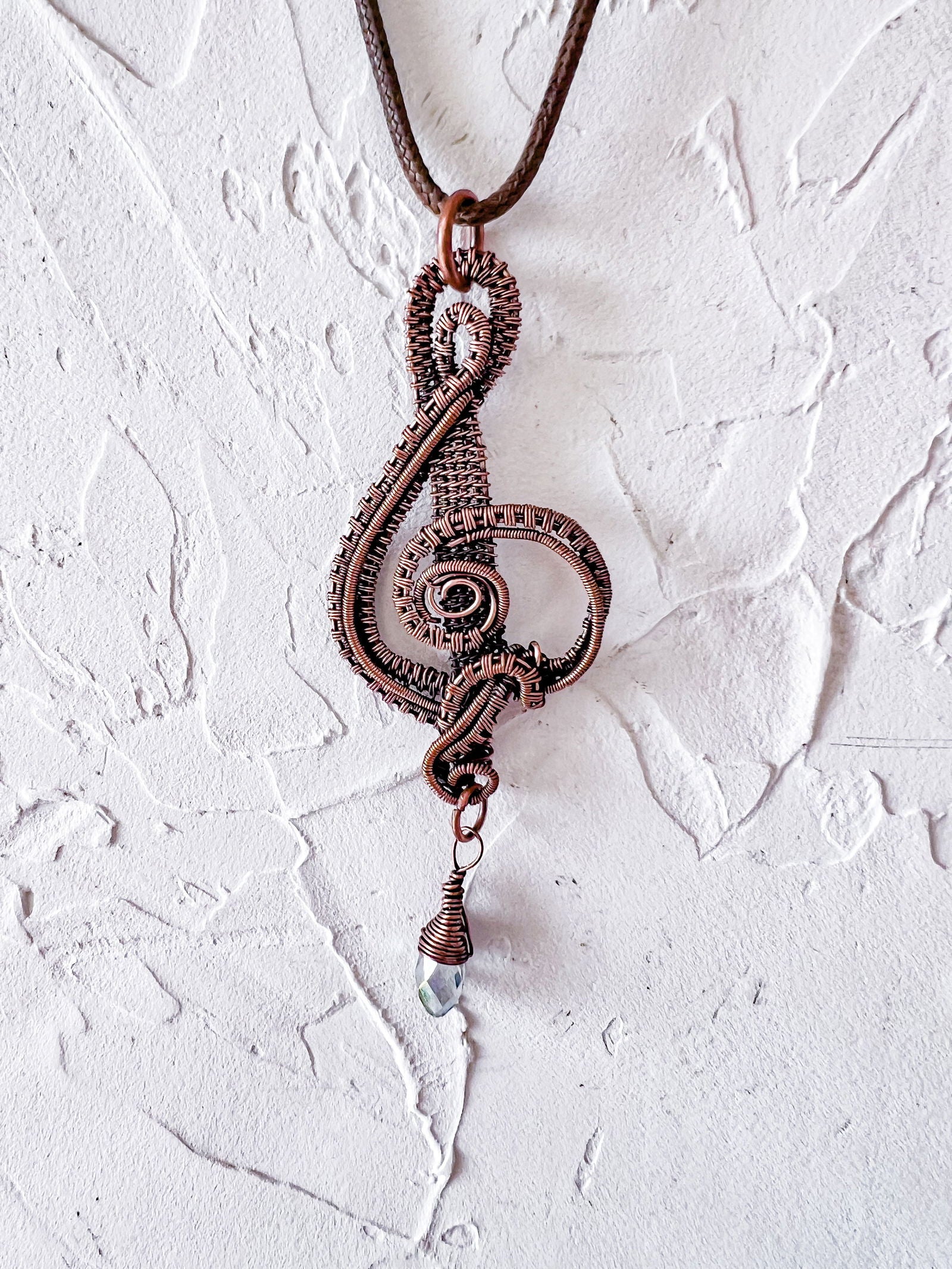 Copper Wire Woven Treble Clef with Crystal Bead - Copper Jewels