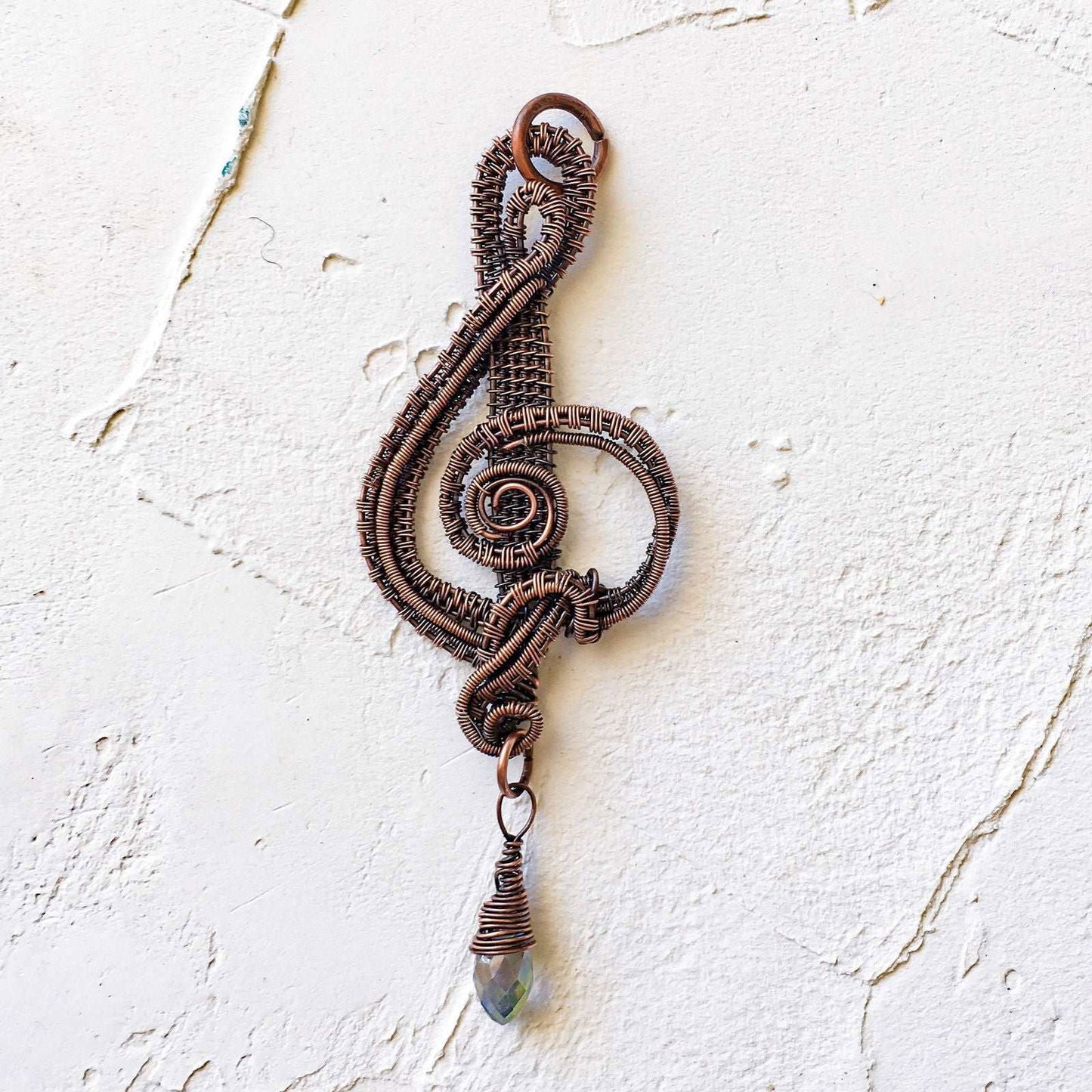 Copper Wire Woven Treble Clef with Crystal Bead - Copper Jewels