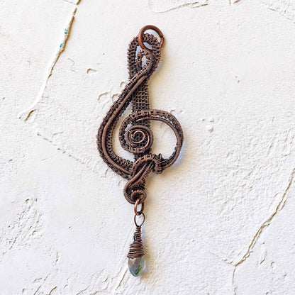 Copper Wire Woven Treble Clef with Crystal Bead - Copper Jewels