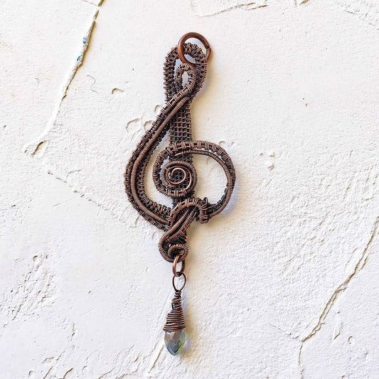 Copper Wire Woven Treble Clef with Crystal Bead - Copper Jewels