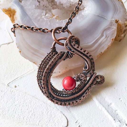 Copper Wire Woven and Red Mashan Jade Bead Pendant - Copper Jewels