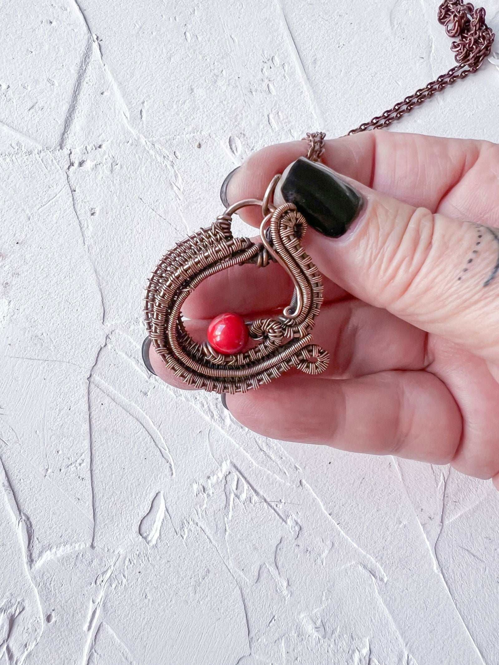 Copper Wire Woven and Red Mashan Jade Bead Pendant - Copper Jewels