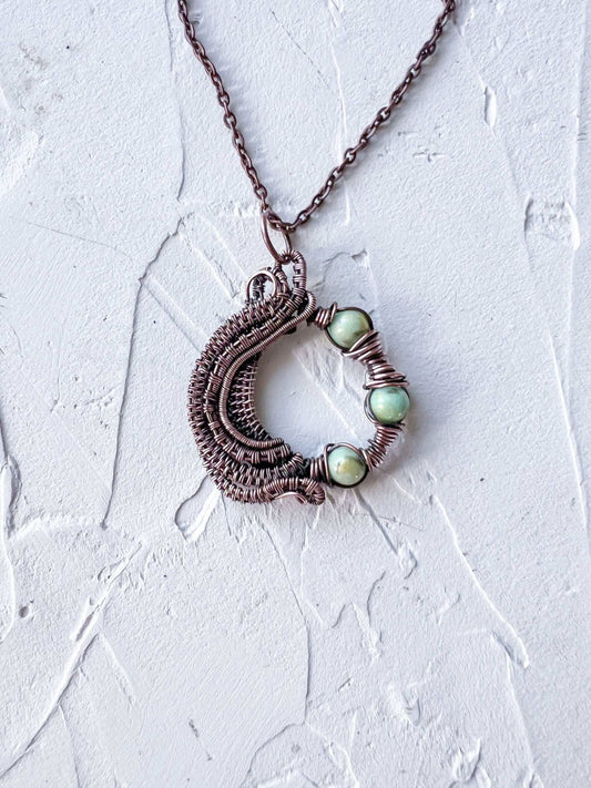 Copper Wire Woven with Mashan Jade Beads Pendant - Copper Jewels