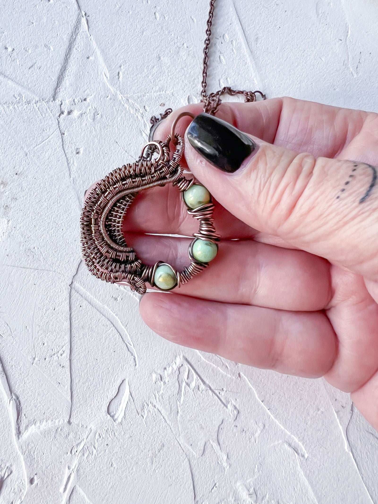 Copper Wire Woven with Mashan Jade Beads Pendant - Copper Jewels