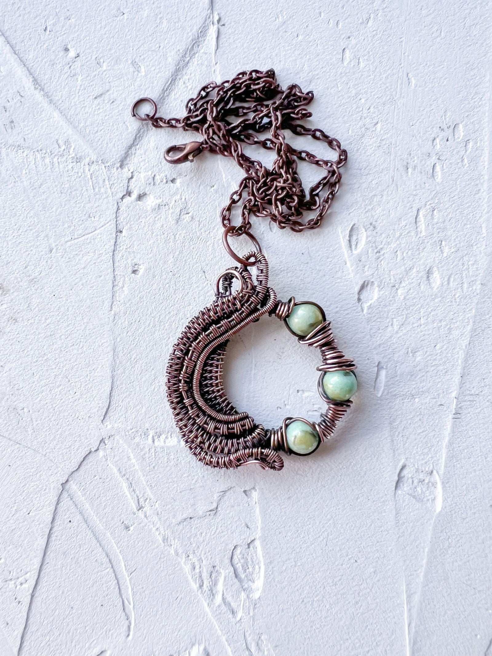 Copper Wire Woven with Mashan Jade Beads Pendant - Copper Jewels