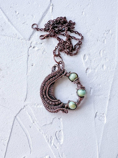 Copper Wire Woven with Mashan Jade Beads Pendant - Copper Jewels
