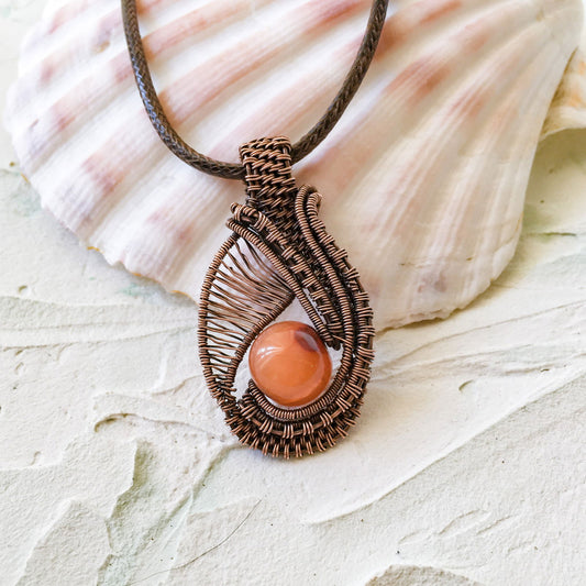 Copper Wire Woven with Vintage Bead Pendant Hand Made - Copper Jewels