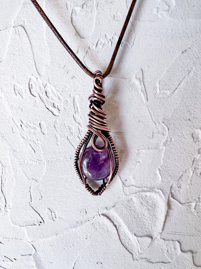 Copper Wire Wrapped Amethyst Pendant - Copper Jewels