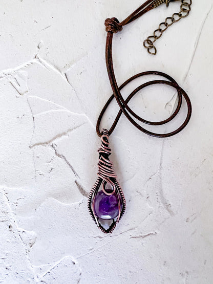 Copper Wire Wrapped Amethyst Pendant - Copper Jewels