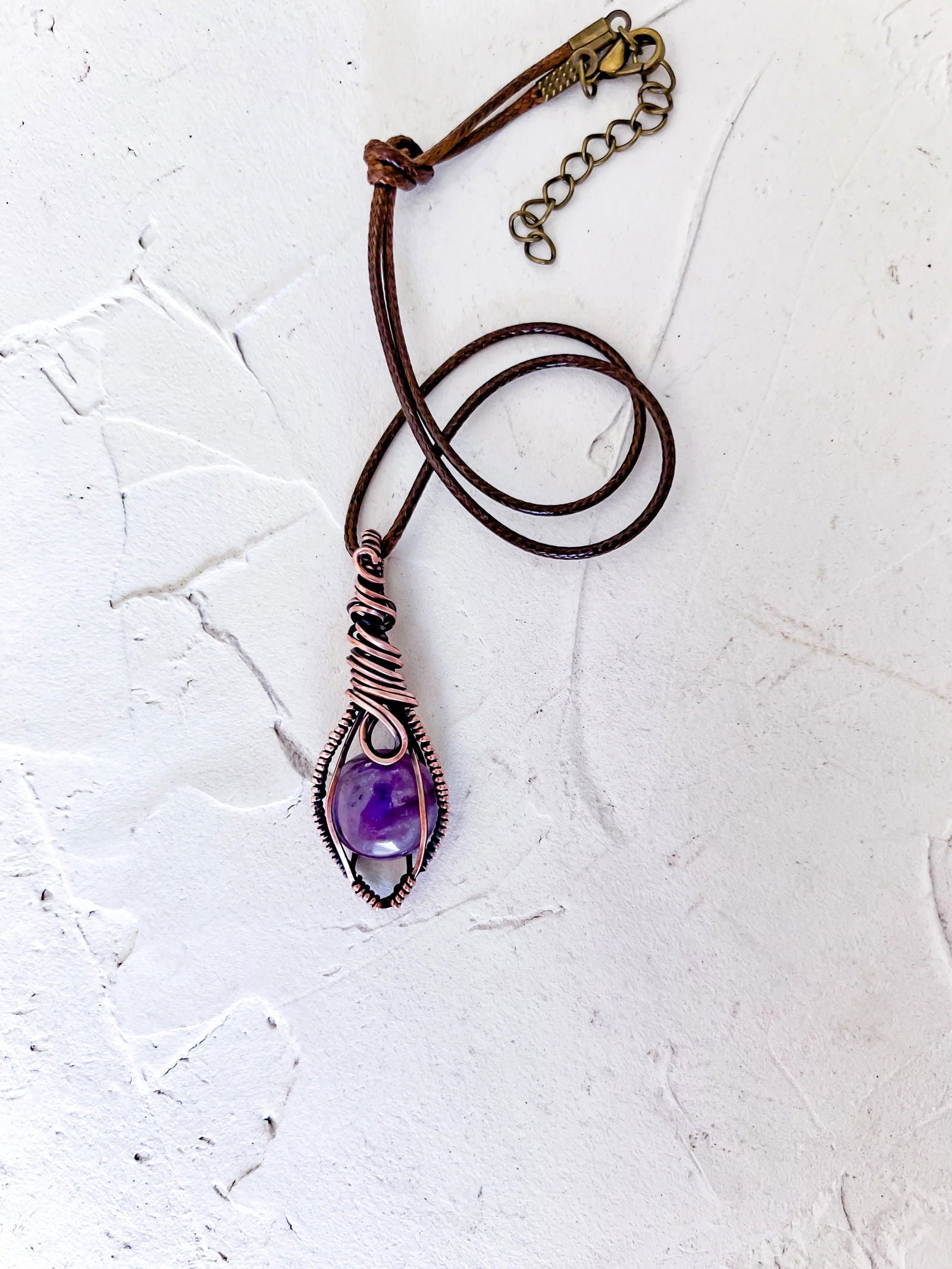 Copper Wire Wrapped Amethyst Pendant - Copper Jewels