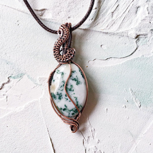 Copper Wire Wrapped Green Tree Agate Pendant - Copper Jewels