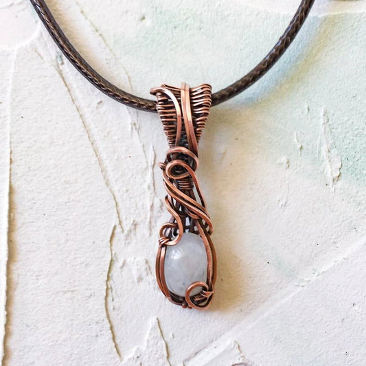 Copper Wire Wrapped Rainbow Moonstone Pendant - Copper Jewels