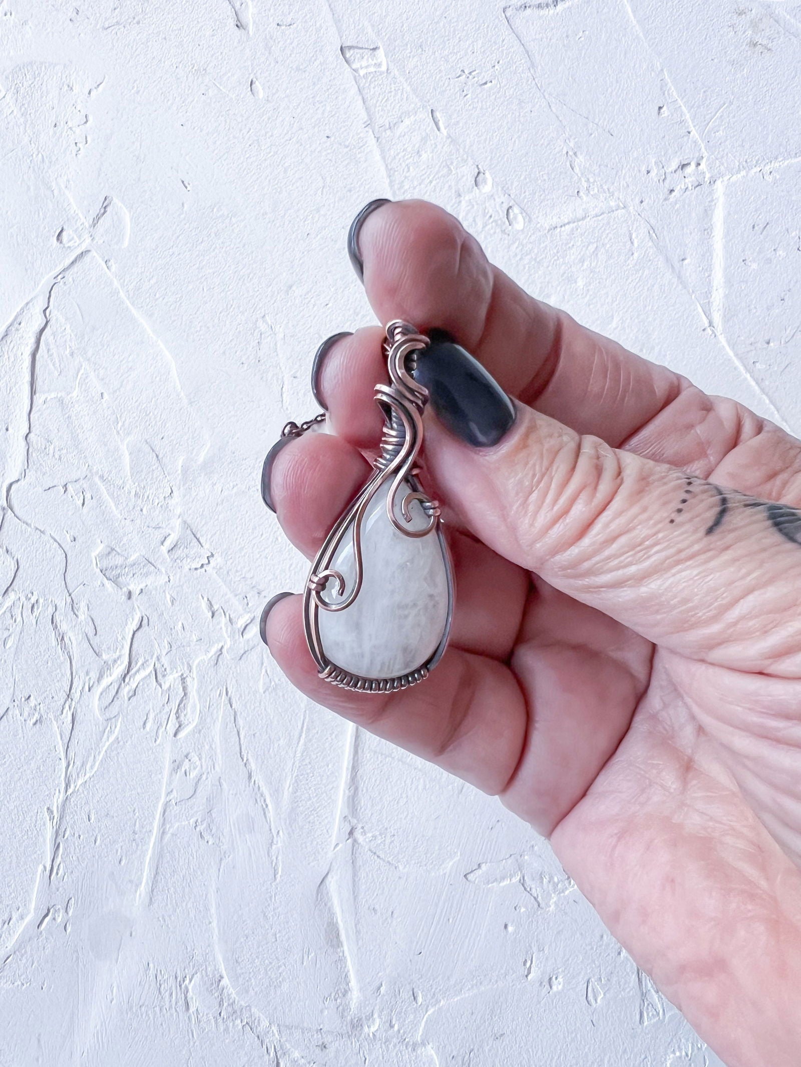 Elegant Rainbow Moonstone and Copper Wire Pendant - Copper Jewels