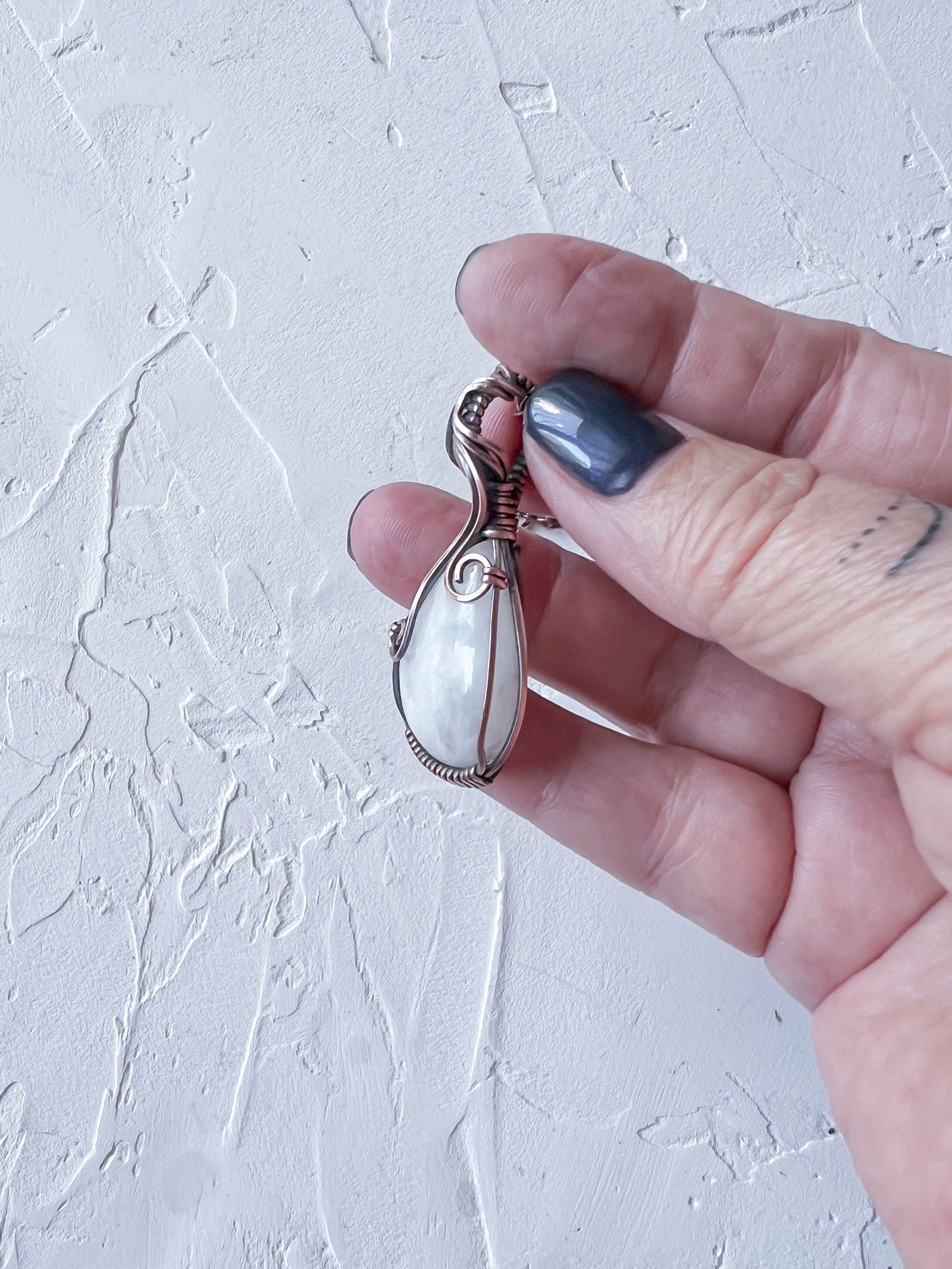 Elegant Rainbow Moonstone and Copper Wire Pendant - Copper Jewels