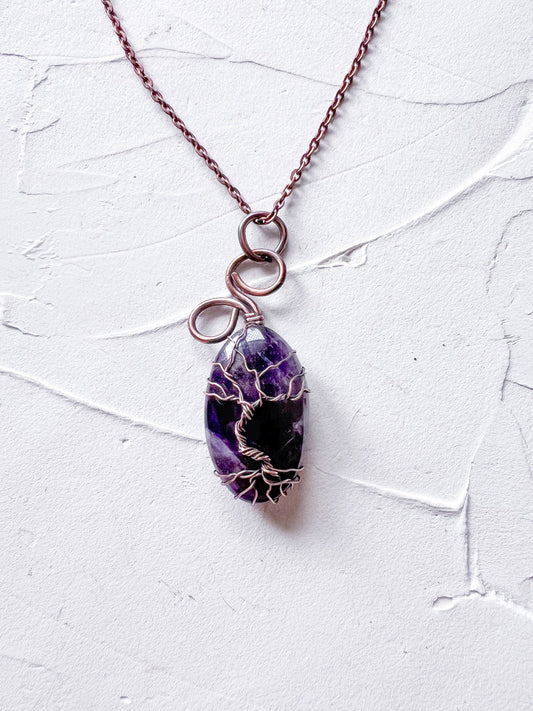 Exquisite Chevron Amethyst Tree of Life and Copper Wire pendant - Copper Jewels