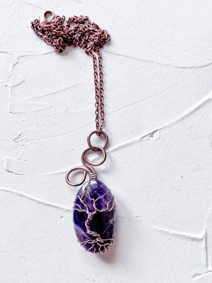 Exquisite Chevron Amethyst Tree of Life and Copper Wire pendant - Copper Jewels