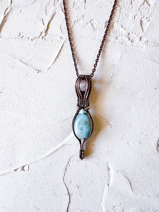 Exquisite Larimar and Rose Quartz copper wire pendant with larimar accent bead - Copper Jewels